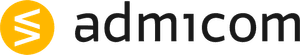 Admicomin logo, jossa on pyöreä logo, keltainen pohjaväri ja sen sisällä kaksi eri suuntiin osoittavaa valkoista nuolta sekä tämän oikealla puolella sana "Admicom"